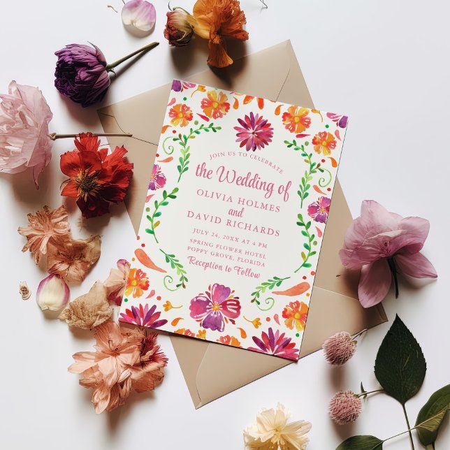Invitation de mariage florale Fiesta Mexicana colo (Colorful Fiesta Mexicana Floral Wedding Invite on a white table colorful flowers.)