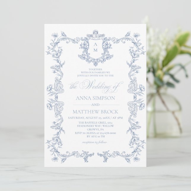 Invitation de mariage florale française bleu pouss (Debout devant)