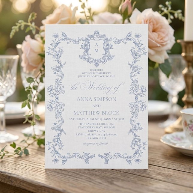 Invitation de mariage florale française bleu pouss (Créateur téléchargé)