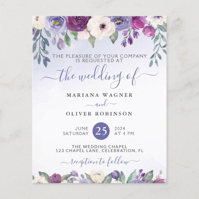 Invitation de mariage florale fuchsia périwinkle à (Devant)