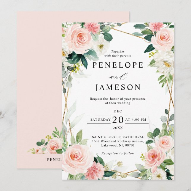 Invitation de mariage florale géométrique botaniqu (Devant / Derrière)