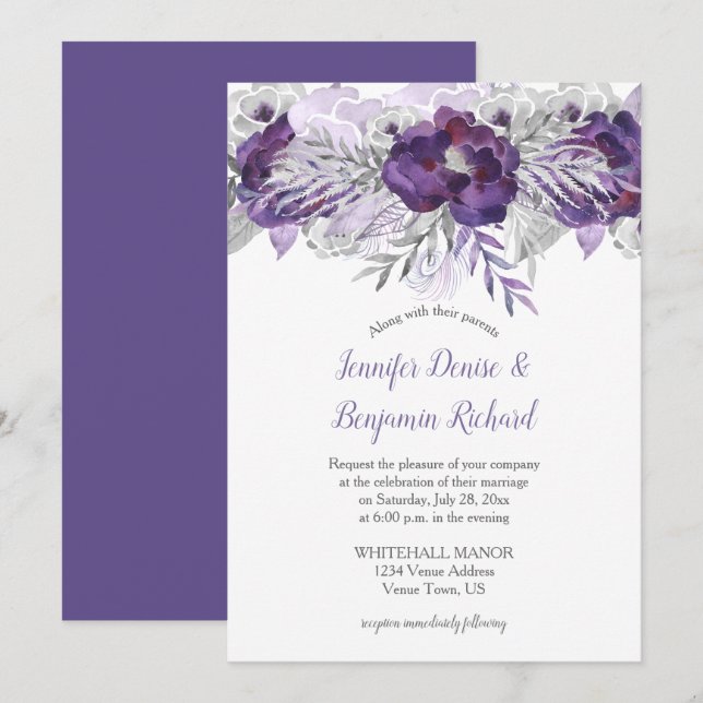 Invitation de mariage florale grise lavande ultra  (Devant / Derrière)