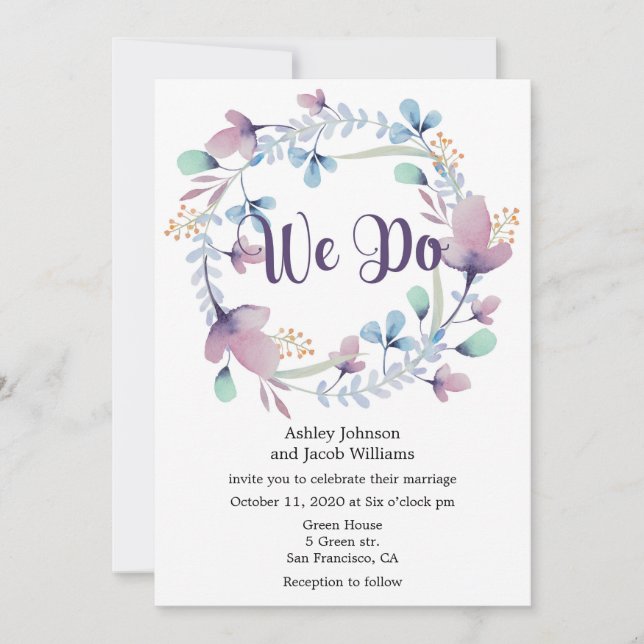 Invitation de mariage florale. Invitation bleue et (Devant)