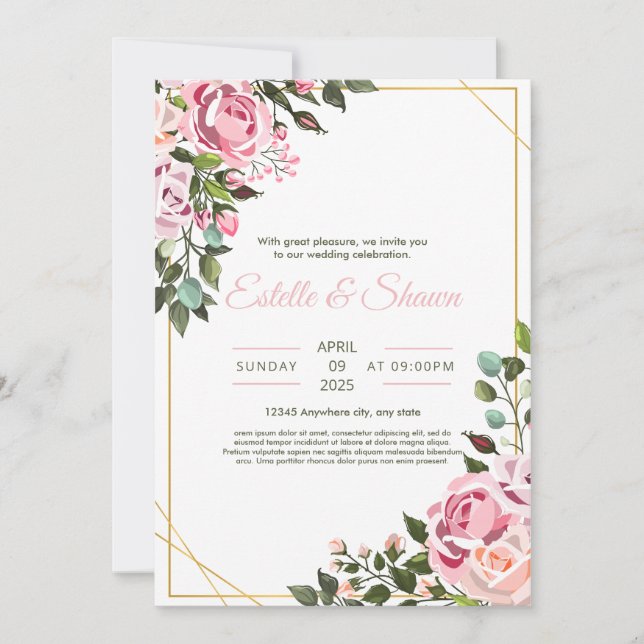 Invitation de mariage florale, mariage romantique  (Devant)