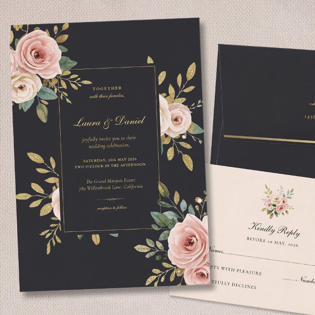 Invitation de mariage florale noire et or élégante (Créateur téléchargé)