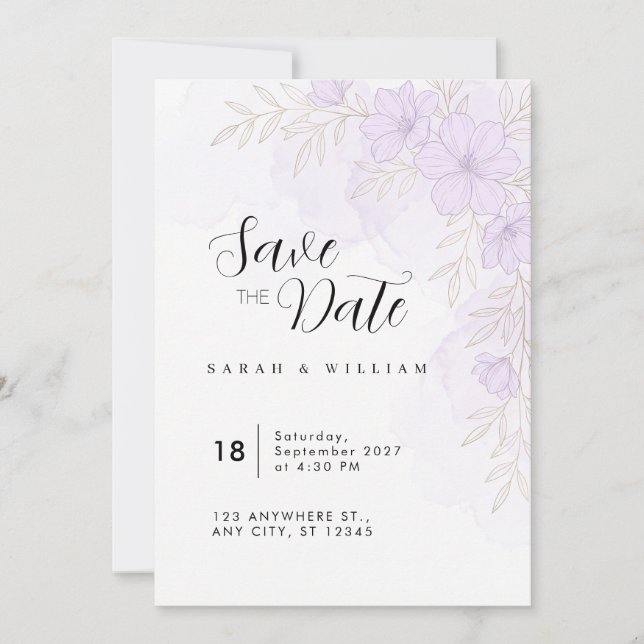 Invitation de mariage florale or lavande clair (Devant)