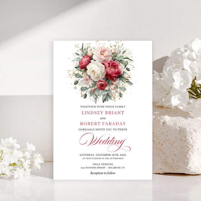 Invitation de mariage florale or rouge boho classi (Classic Boho Red Blush Gold Floral Wedding Invite

)