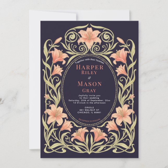 Invitation de mariage florale pastel cadre Art nou (Devant)