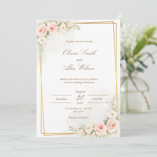 Invitation de mariage florale romantique Dusty Blu (Debout devant)