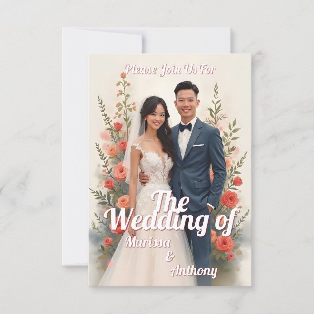 Invitation de mariage florale romantique style vin (Devant)