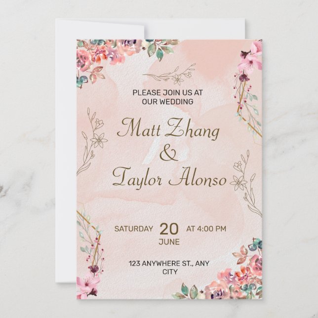 Invitation de mariage florale rose (Devant)
