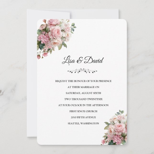Invitation de mariage florale rose (Devant)