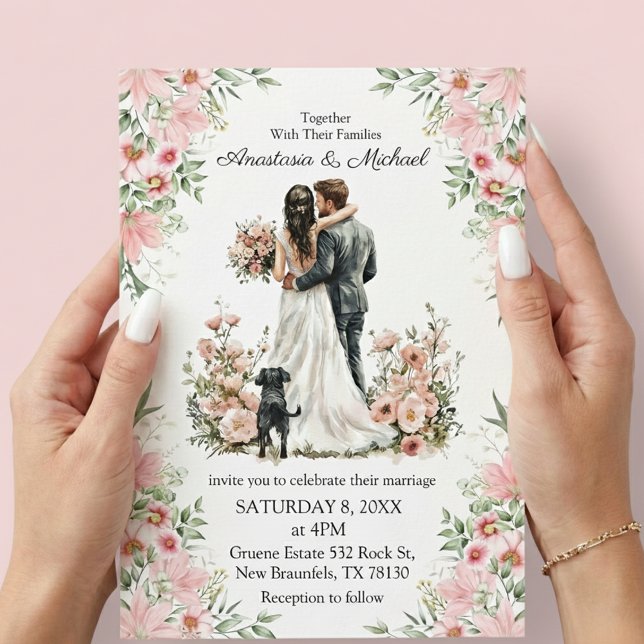 Invitation de mariage florale rose avec écriture m (Créateur téléchargé)