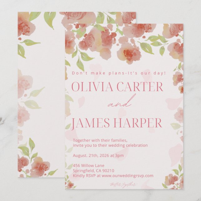 Invitation de mariage florale rose – Élégant rusti (Devant / Derrière)