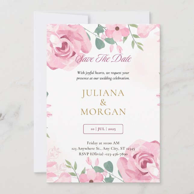 Invitation de mariage florale rose et or modèle |  (Devant)