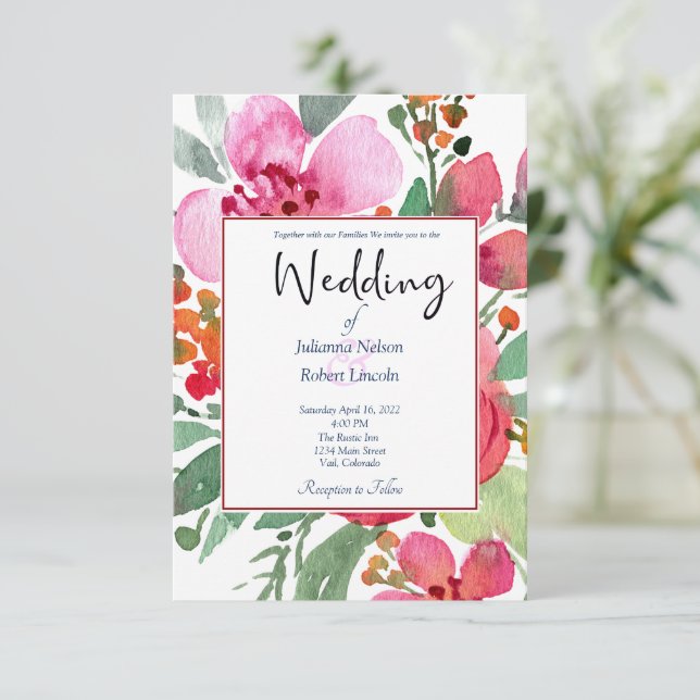 Invitation de mariage florale rose et rouge élégan (Debout devant)