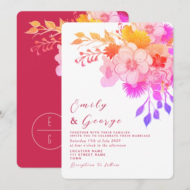 Invitation de mariage florale rose magenta (Devant / Derrière)