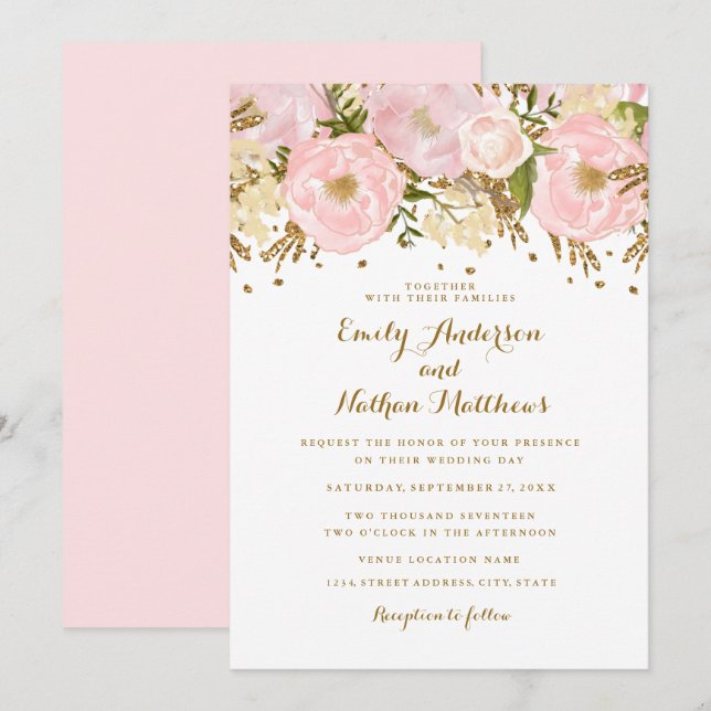 Invitation de mariage florale rose pâle et or Pret (Devant / Derrière)