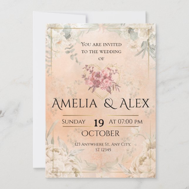 Invitation de mariage florale rose | Personnalisat (Devant)