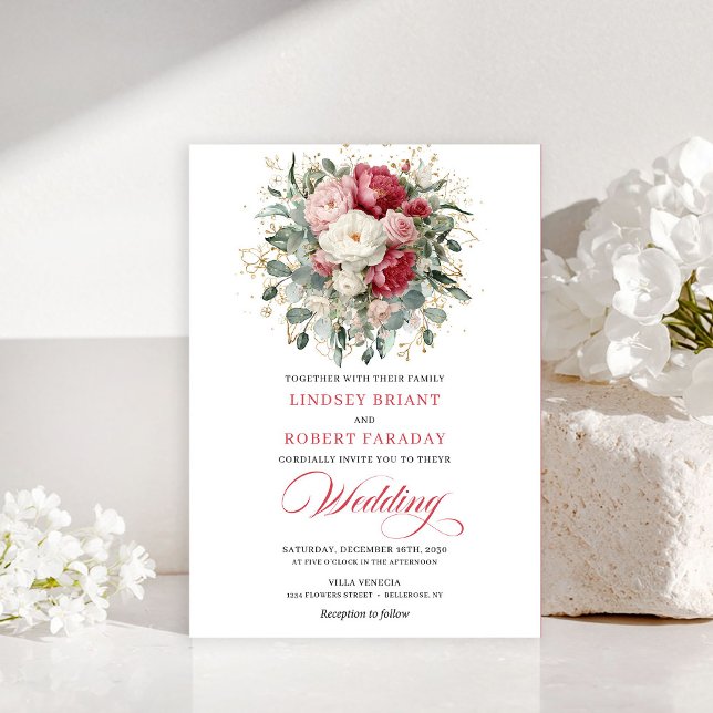 Invitation de mariage florale rouge blanc or Boho  (Classic Boho Red White Gold Floral Wedding Invitation)