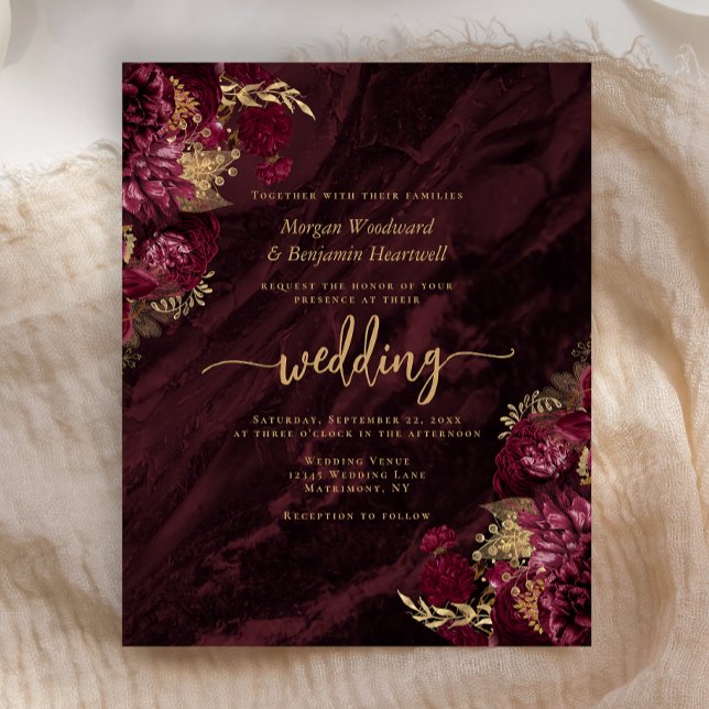 Invitation de mariage florale rouge Bourgogne doré (Créateur téléchargé)