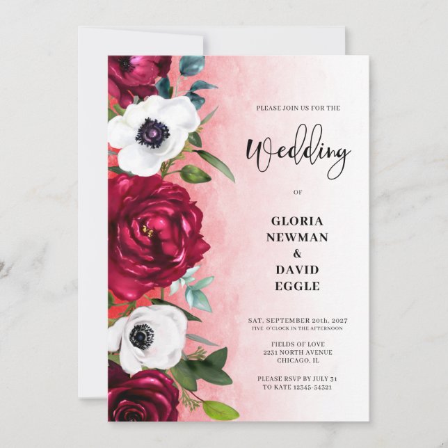 Invitation de mariage florale rouge et blanche à l (Devant)