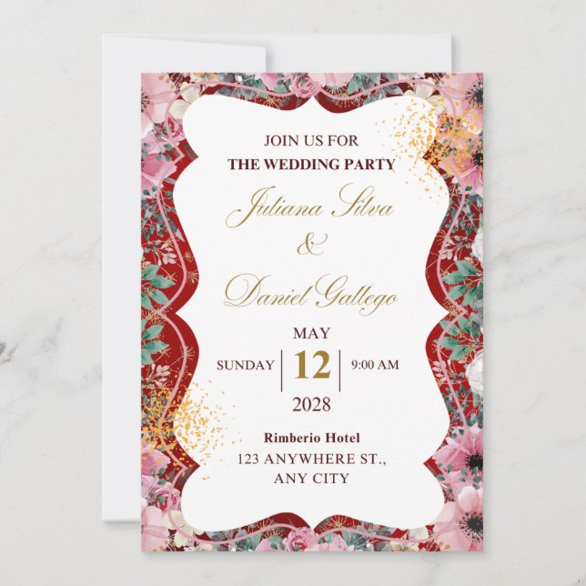 Invitation de mariage florale rouge et rose (Devant)
