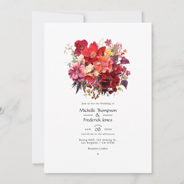 Invitation de mariage florale rouge somptueuse (Devant)