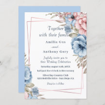 Invitation de mariage florale rustique bleue et ro
