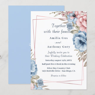 Invitation de mariage florale rustique bleue et ro