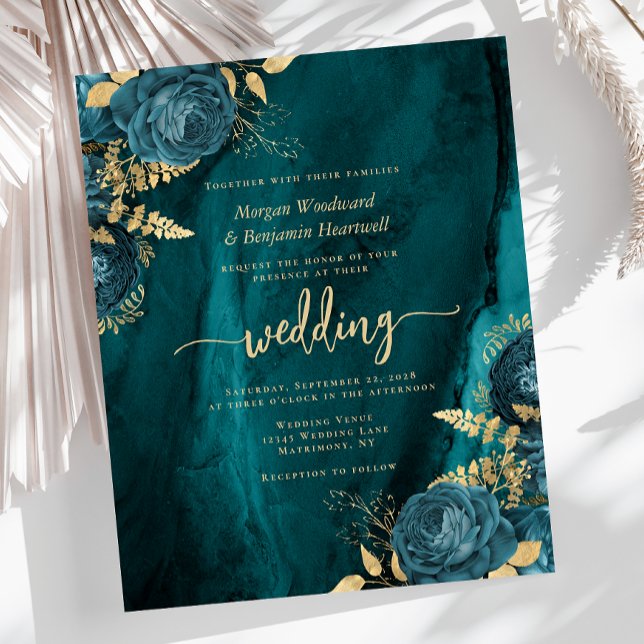 Invitation de mariage florale sarcelle bleue et or (Créateur téléchargé)