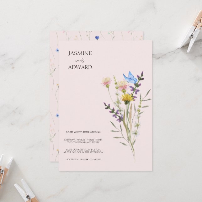 Invitation de mariage florale simple avec fleurs s (Devant/Arrière en situation)