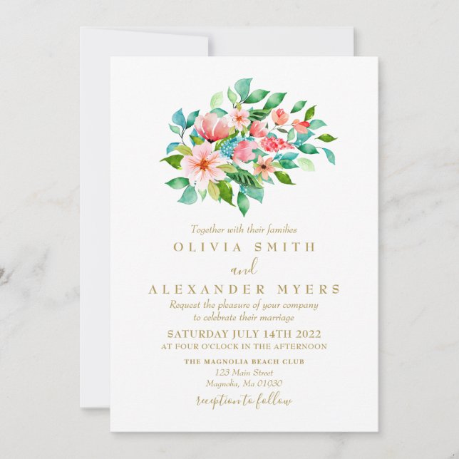 Invitation de mariage florale tropicale et or (Devant)
