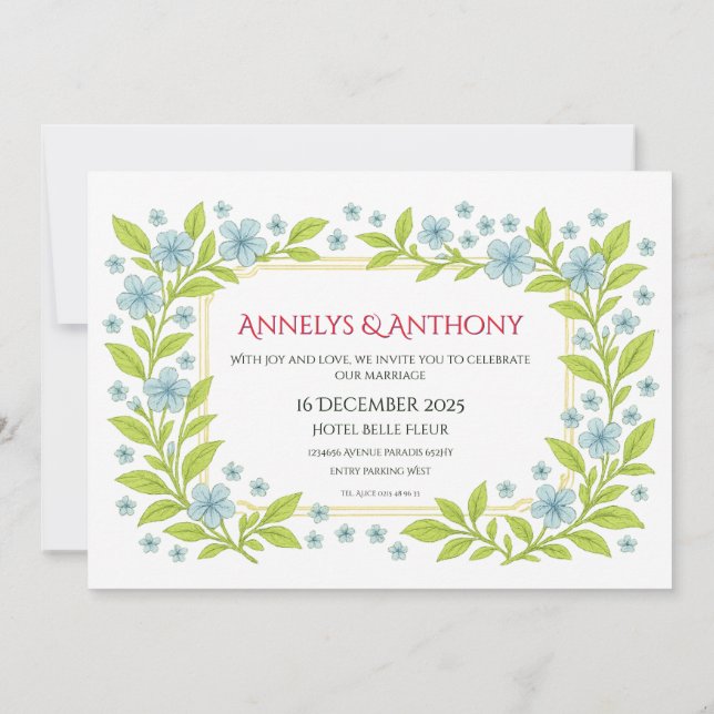 Invitation de mariage florale verte bleue magnifiq (Dos)