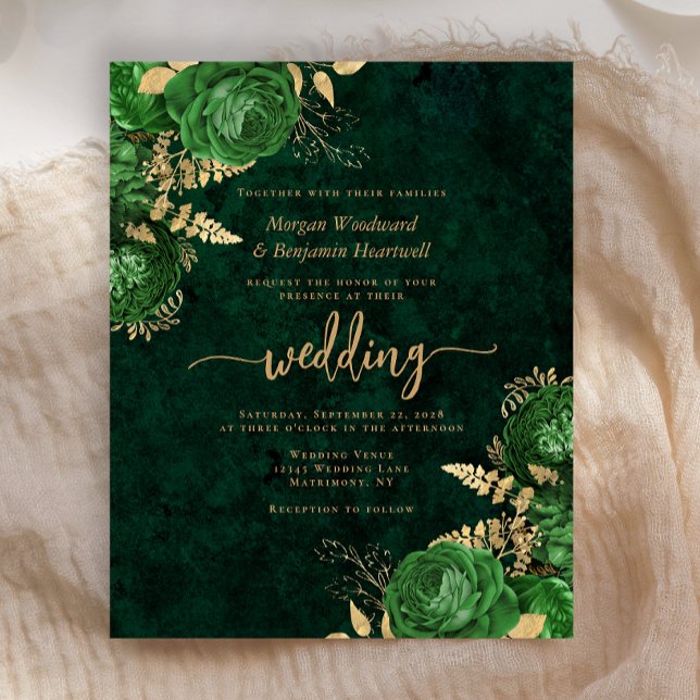 Invitation de mariage florale verte émeraude et or (Créateur téléchargé)