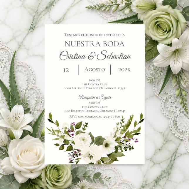 Invitation de mariage florale verte en espagnol (Créateur téléchargé)
