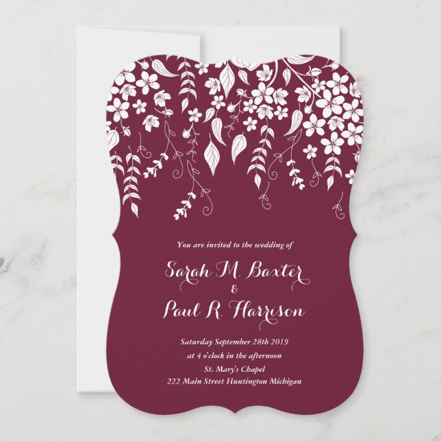 Invitation de mariage florale vin bordeaux (Devant)