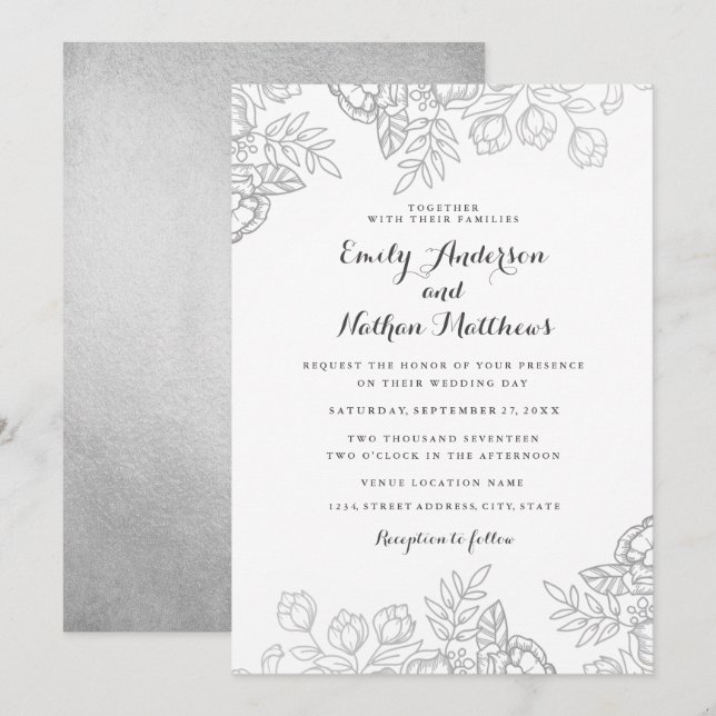Invitation de mariage florale vintage argentée élé (Devant / Derrière)