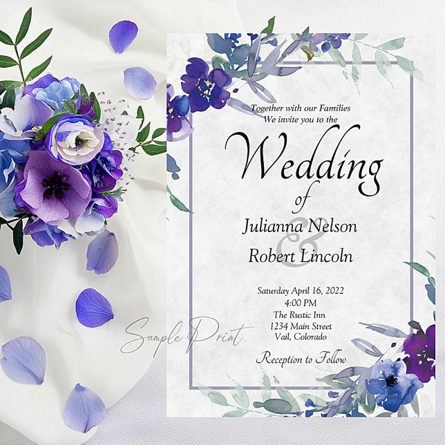 Invitation de mariage florale violette et bleue, b (Créateur téléchargé)