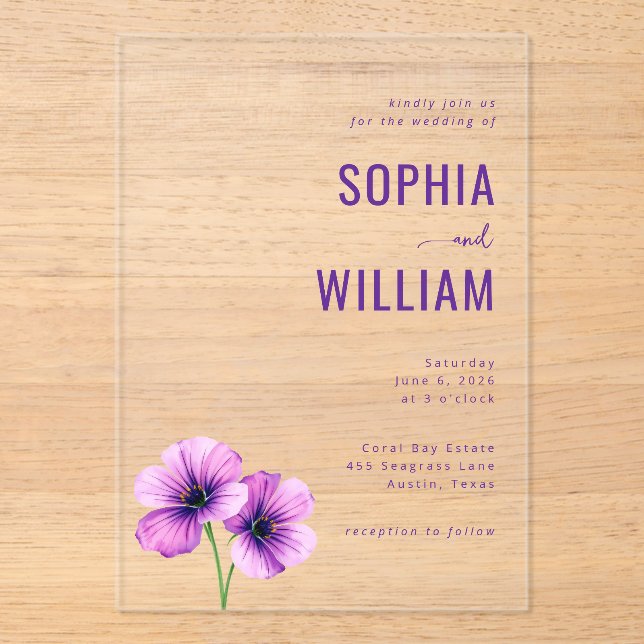 Invitation de mariage florale violette sophistiqué (Recto)