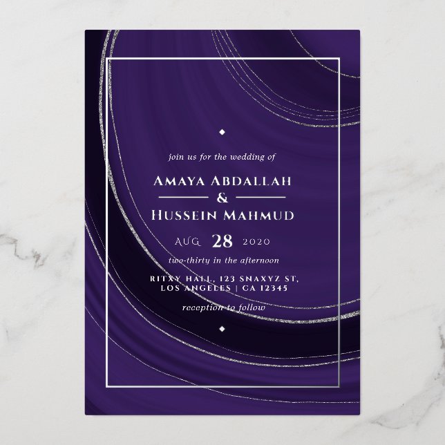 Invitation de Mariage Foil  Agate violet et argent (Recto)