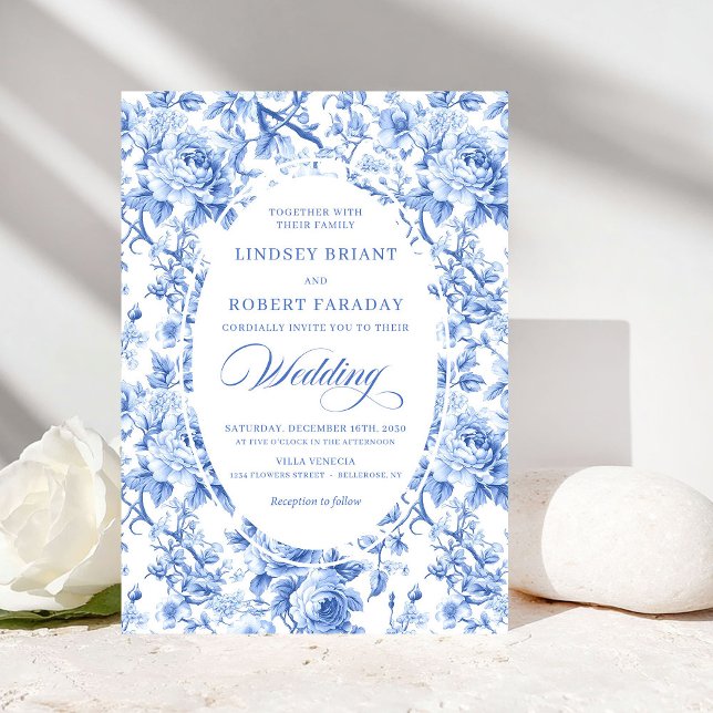 Invitation de mariage formelle classique avec toil (Classic Navy Blue Toile Rose Formal Wedding Invitation)