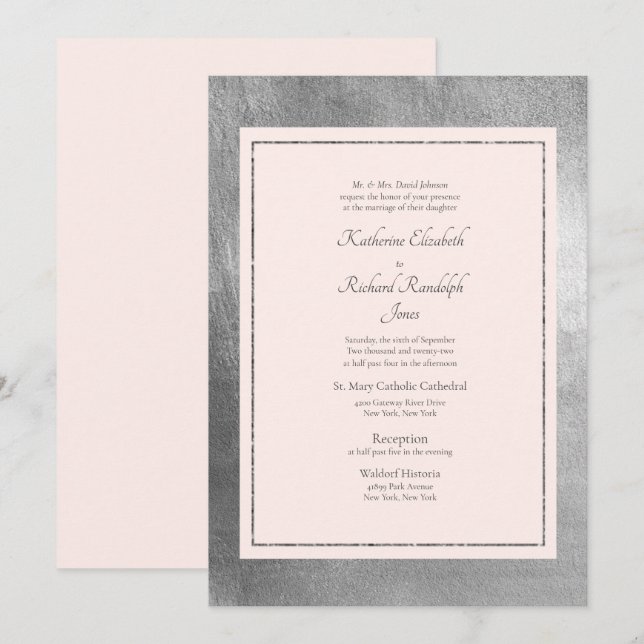 Invitation de mariage formelle et élégante rose et (Devant / Derrière)