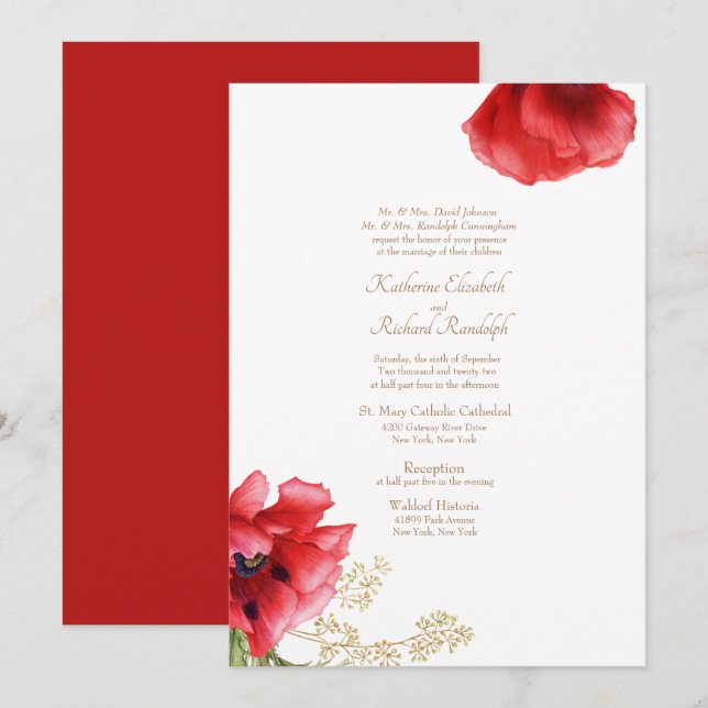 Invitation de mariage formelle rouge floral et or (Devant / Derrière)