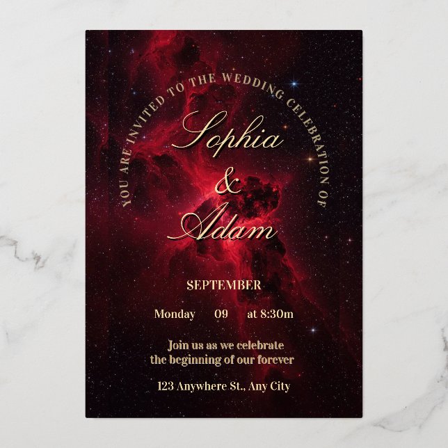Invitation de mariage Galaxie Rouge Élégant (Recto)