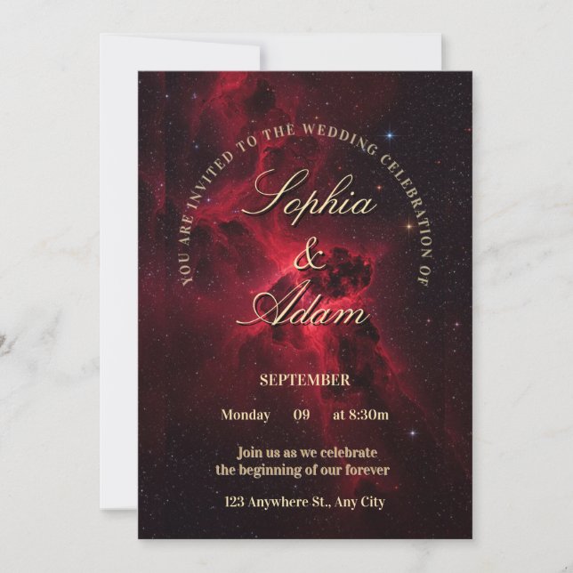 Invitation de mariage Galaxie Rouge Élégante (Devant)