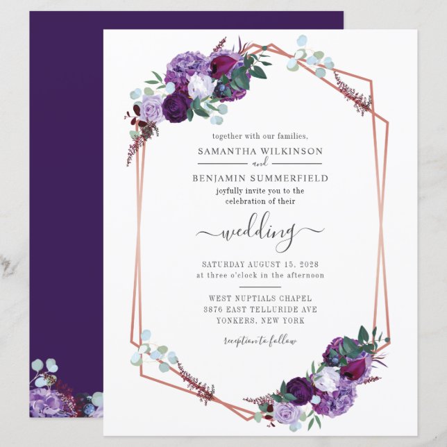 Invitation de mariage géométrique à fleurs violett (Devant / Derrière)