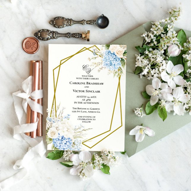 Invitation de mariage géométrique à l'hortensia bl (Créateur téléchargé)
