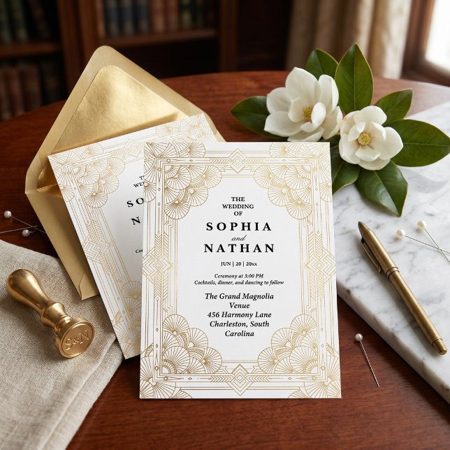 Invitation de mariage géométrique Art Déco or (Créateur téléchargé)