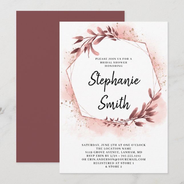 Invitation de mariage géométrique floral or rose (Devant / Derrière)